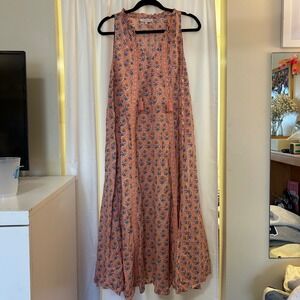 Marea Block Print Maxi Dress Peach Pink Floral Cotton Tassel Sleeveless Womens M